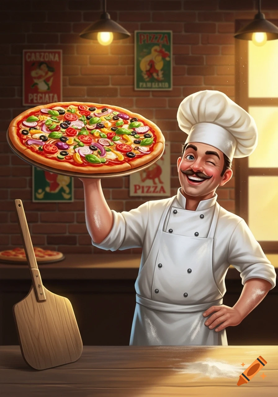 A happy, winking chef in a white uniform holds a large, colorful pizza. A pizza peel and flour are on a wooden counter in a brick-walled kitchen.
