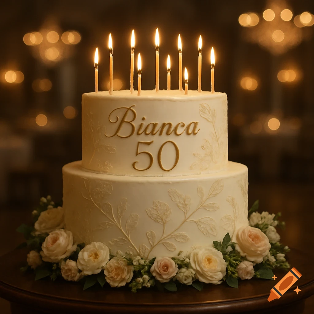 Photorealistic image of a two-tier white birthday cake with 'Bianca 50' in gold, seven lit candles, and roses.