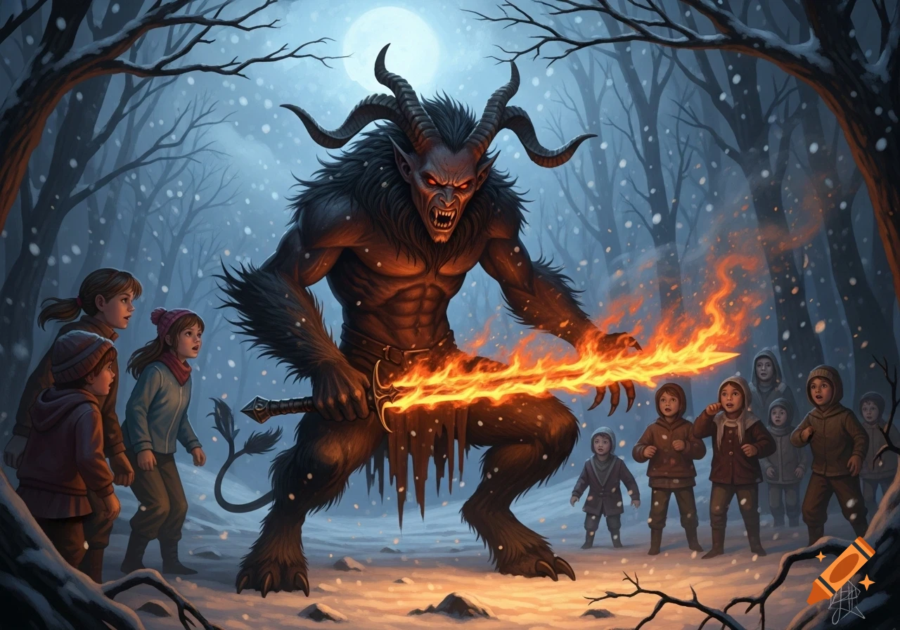 A monstrous Krampus with horns and fur wields a flaming sword in a snowy forest, towering over a group of terrified children under a full moon.
