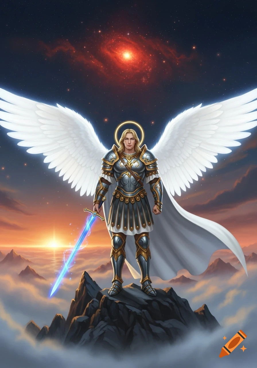 A majestic archangel in glowing armor with large white wings holds a luminous blue sword, standing on a rocky peak against a cosmic sky.