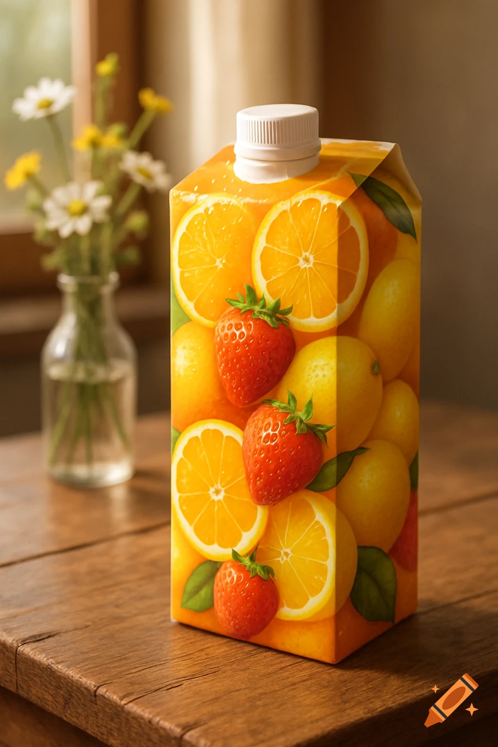 Photorealistic juice carton with oranges, lemons, and strawberries on a wooden table, with a blurred vase of daisies in the background.