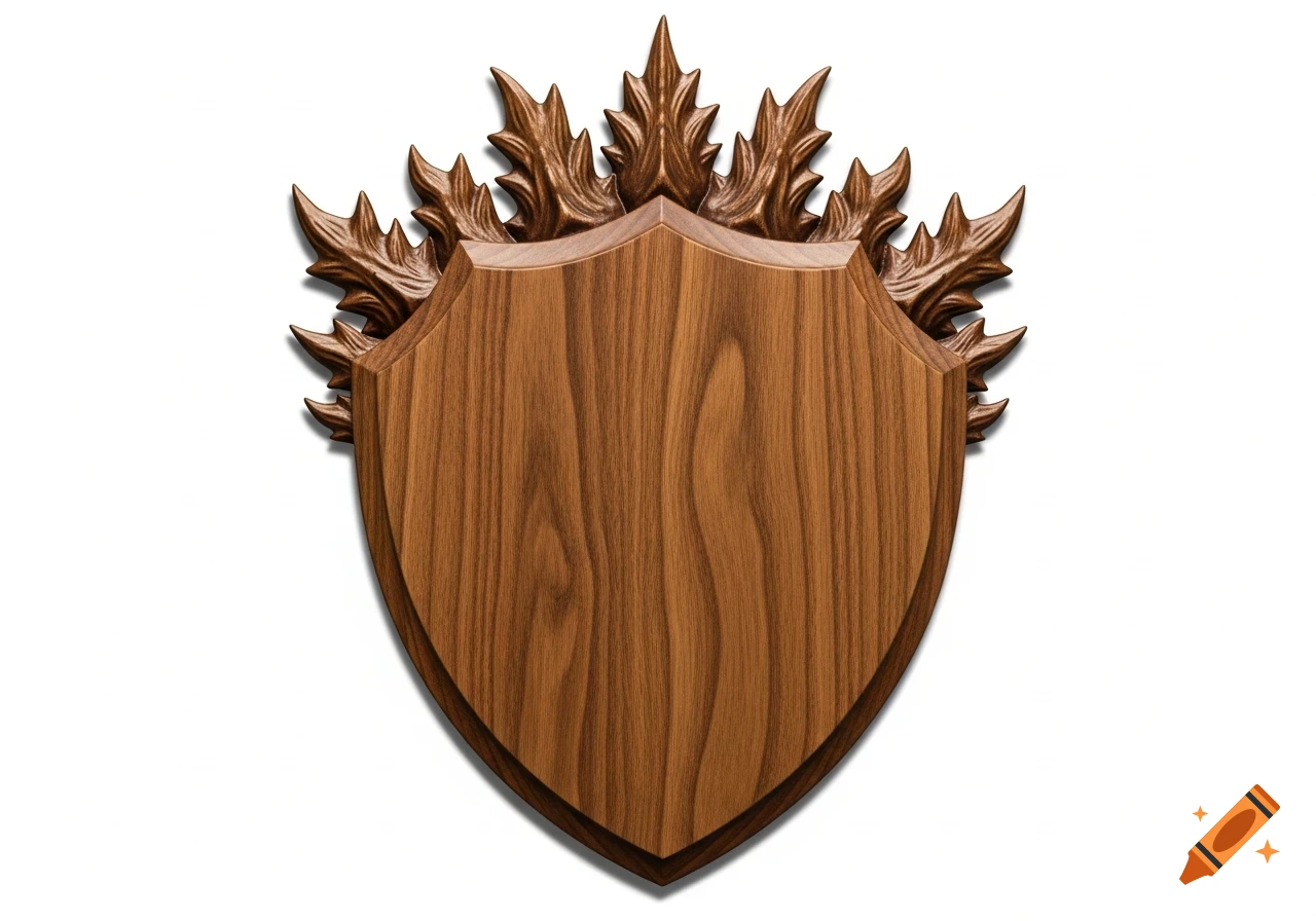 A wooden shield-shaped trophy plaque with carved, sharp, irregular spikes along the top border, set against a white background.