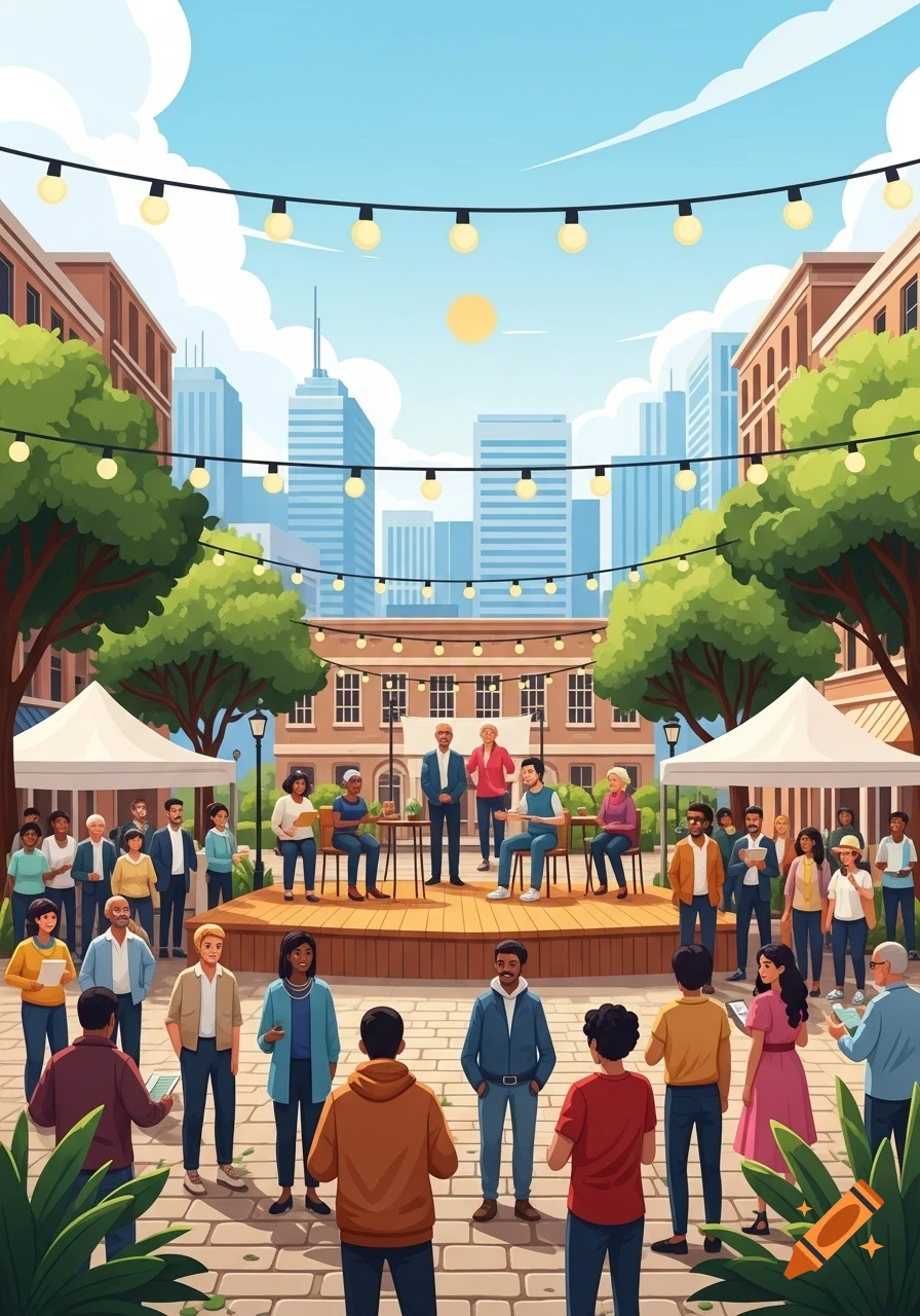An illustration of a diverse crowd attending a public community event in a town square with a stage, tents, and city buildings.