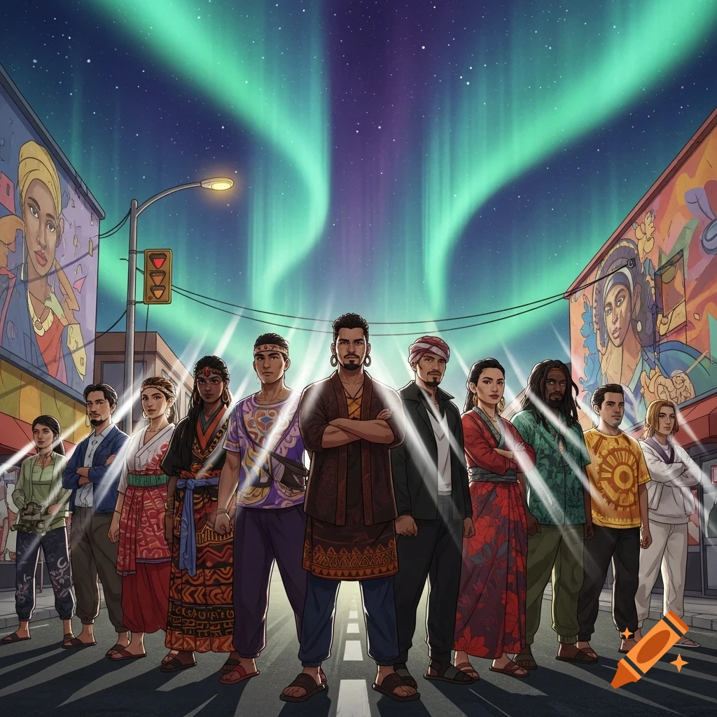 Illustrated diverse group standing confidently on a city street at night under a vibrant aurora borealis, with colorful murals.