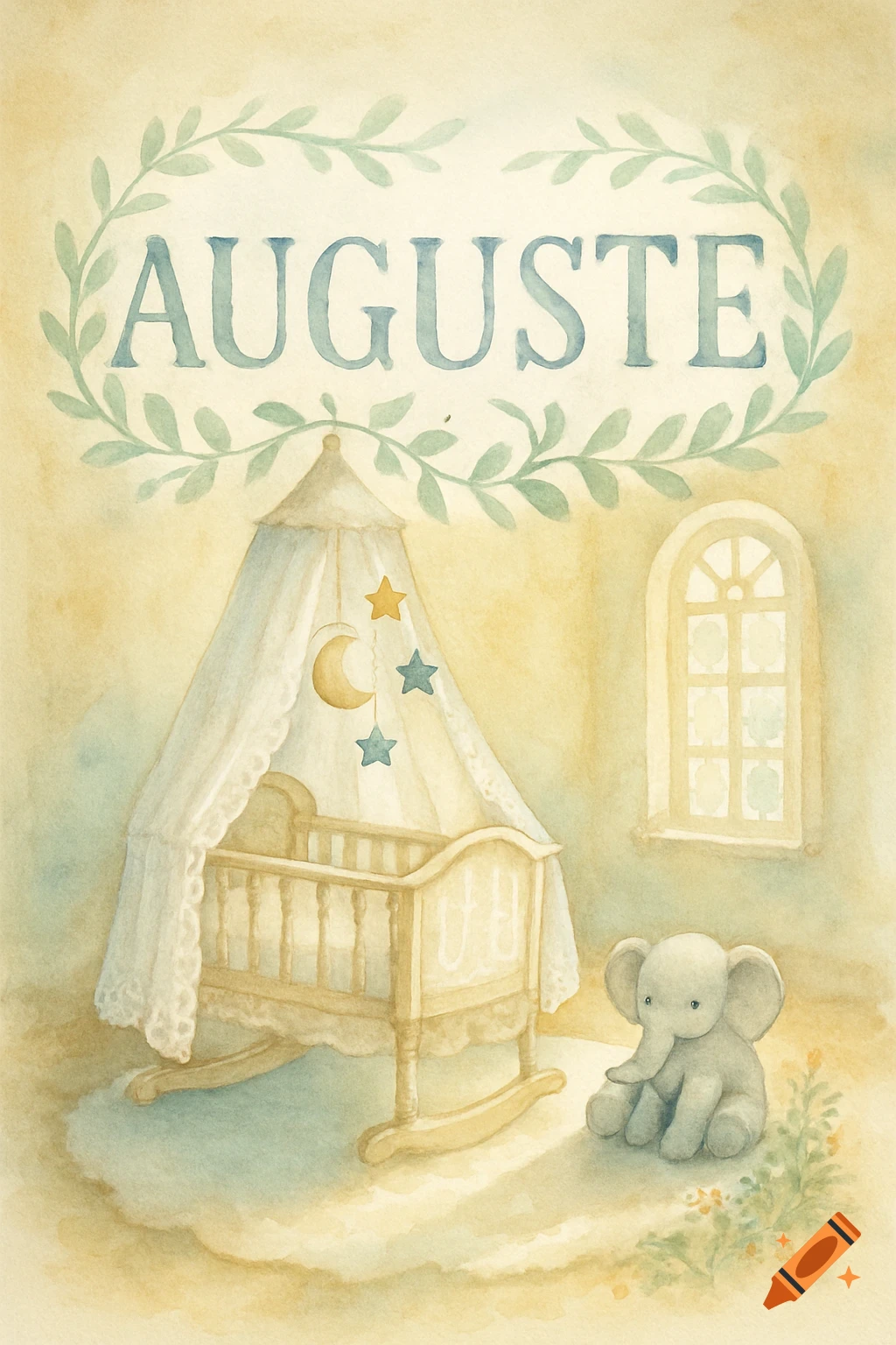 Watercolor illustration of a cozy baby nursery with a rocking crib, a stuffed elephant, and the name AUGUSTE framed by leaves.