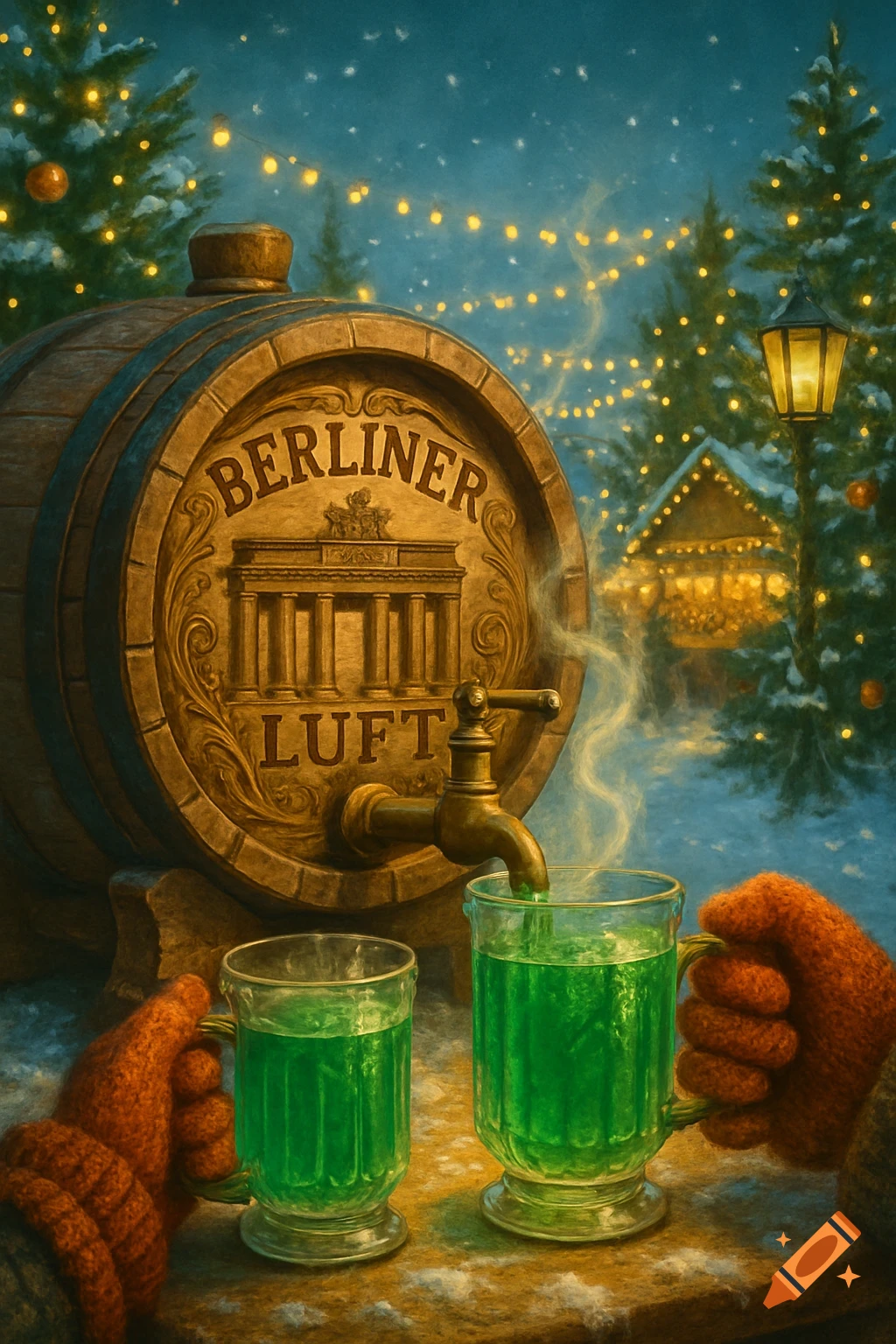 A festive winter scene depicts gloved hands holding steaming green drinks, poured from a wooden barrel labeled "BERLINER LUFT" amidst snow-covered Christmas trees and twinkling lights.