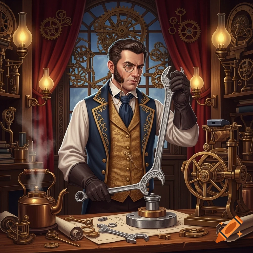 A Victorian artificer in an ornate workshop, wearing a monocle and holding a large wrench amidst intricate brass machinery and gears.