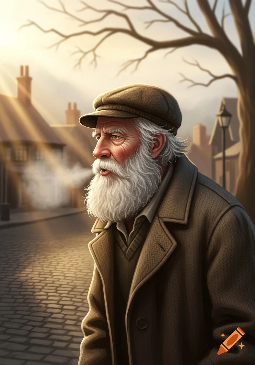 Detailed illustration of an old man with a long white beard and tweed cap, exhaling steam in a sunlit cobblestone street.
