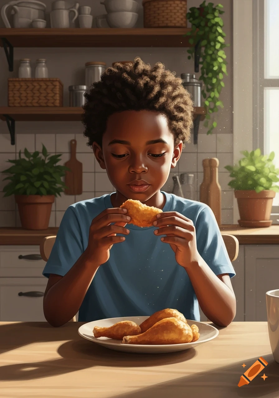A photorealistic illustration of a young Black boy holding a piece of fried chicken at a kitchen table.