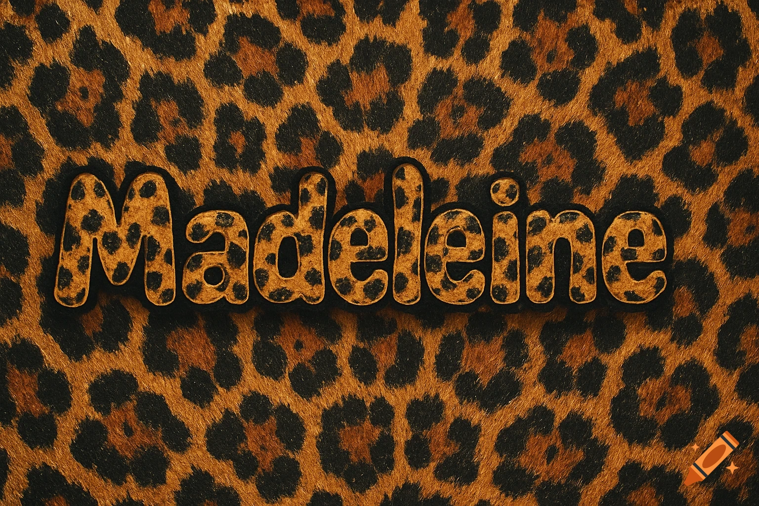 The name "Madeleine" in leopard print stylized letters on a leopard print background.