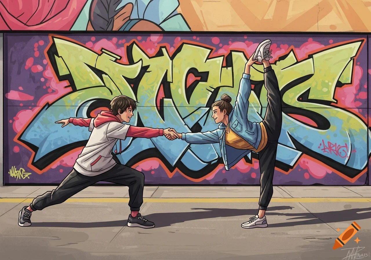 An anime-style illustration of a boy and girl performing acrobatic moves, shaking hands in front of a colorful graffiti wall.