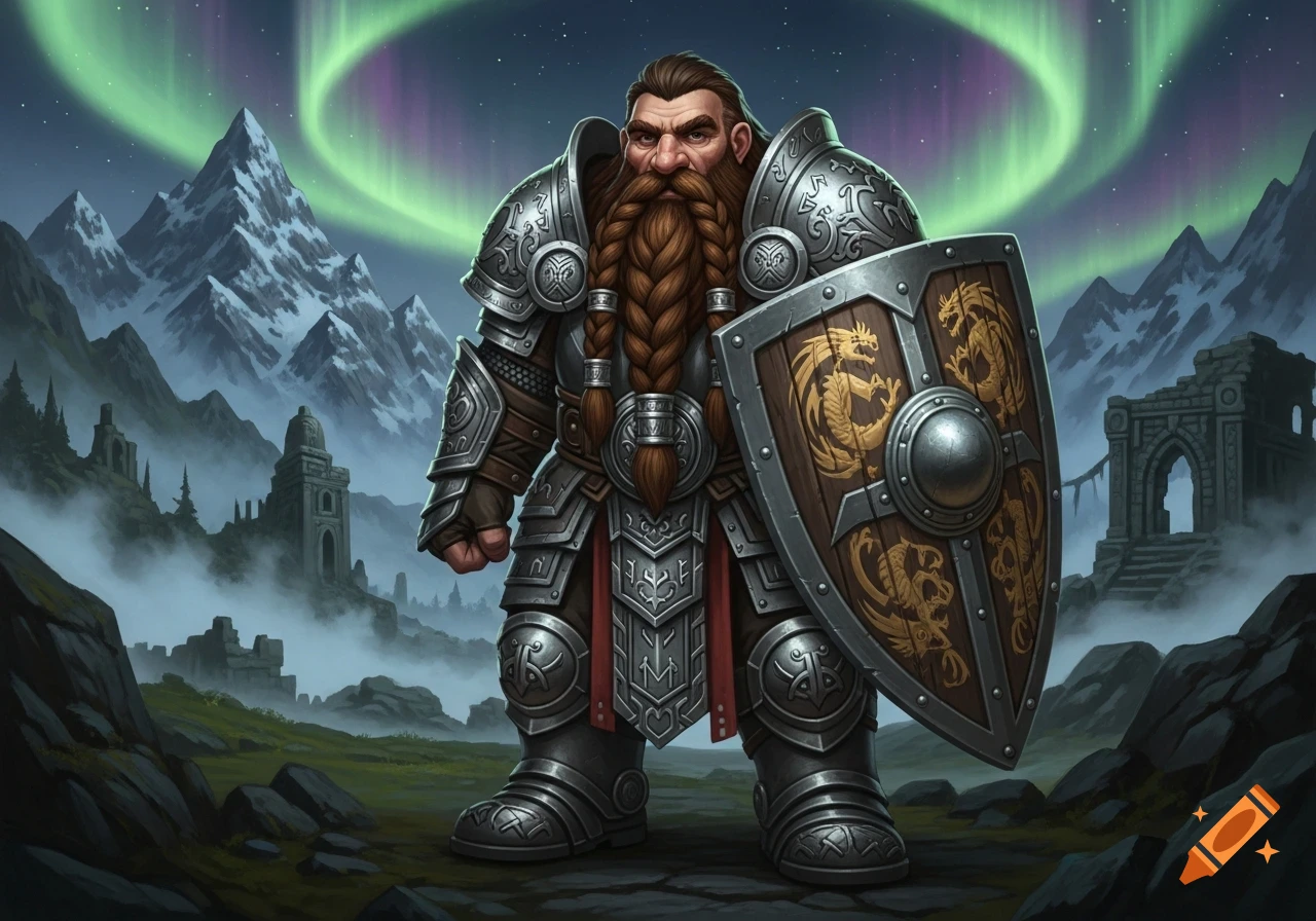 A fully armored dwarf with a braided beard holds a shield in a fantasy landscape with snow-capped mountains, ancient ruins, and an aurora.