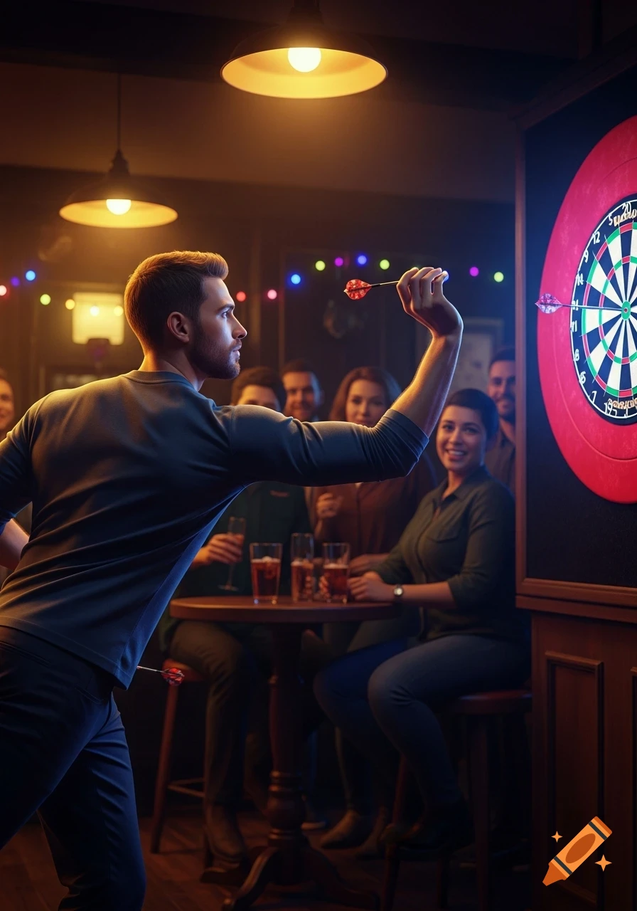 A man in a bar throws a dart at a dartboard, while friends watch in a warm, low-lit setting, photorealistic style.