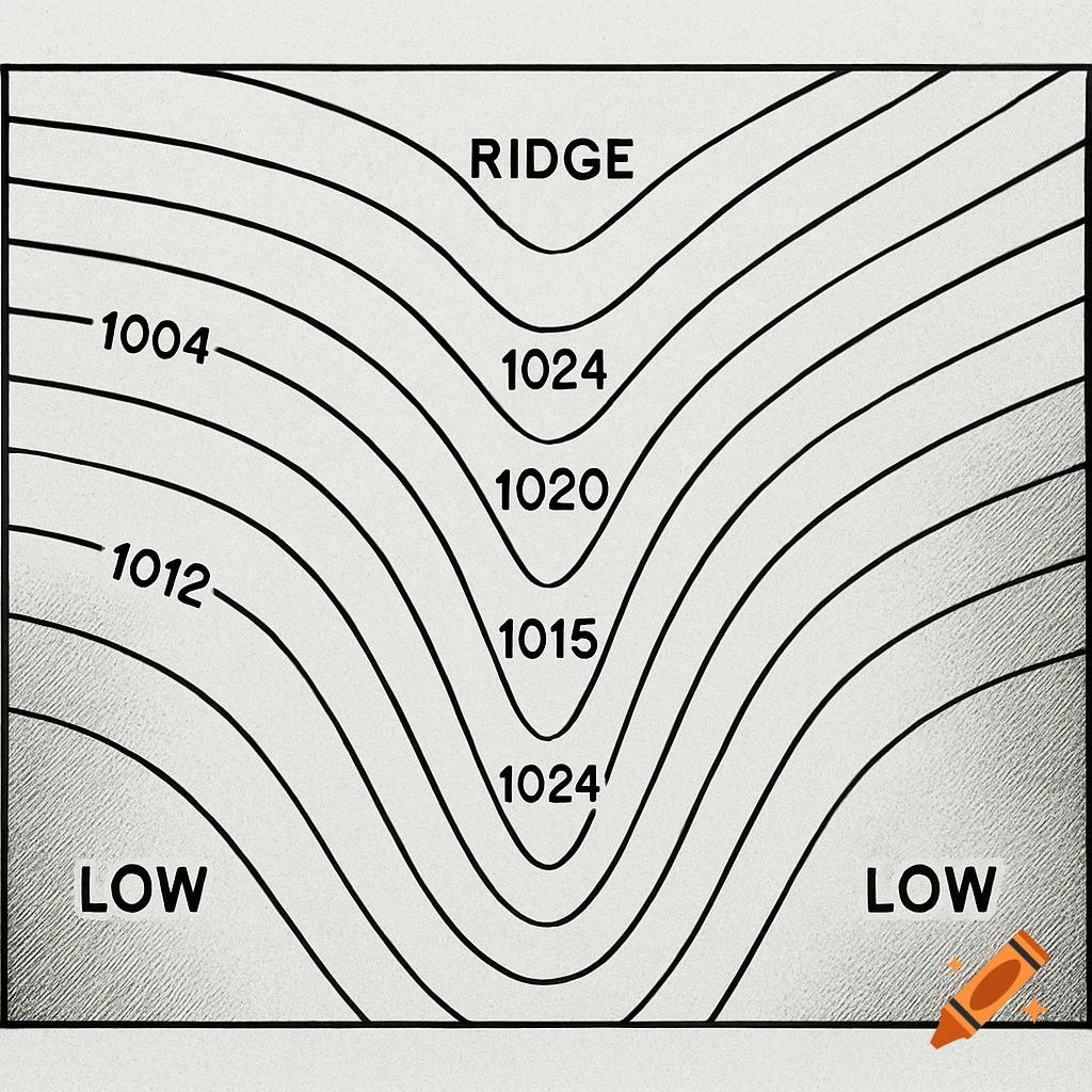 Isobaric Patterns Ridge A black and white schematic diagram illustrating a barometric ridge ...