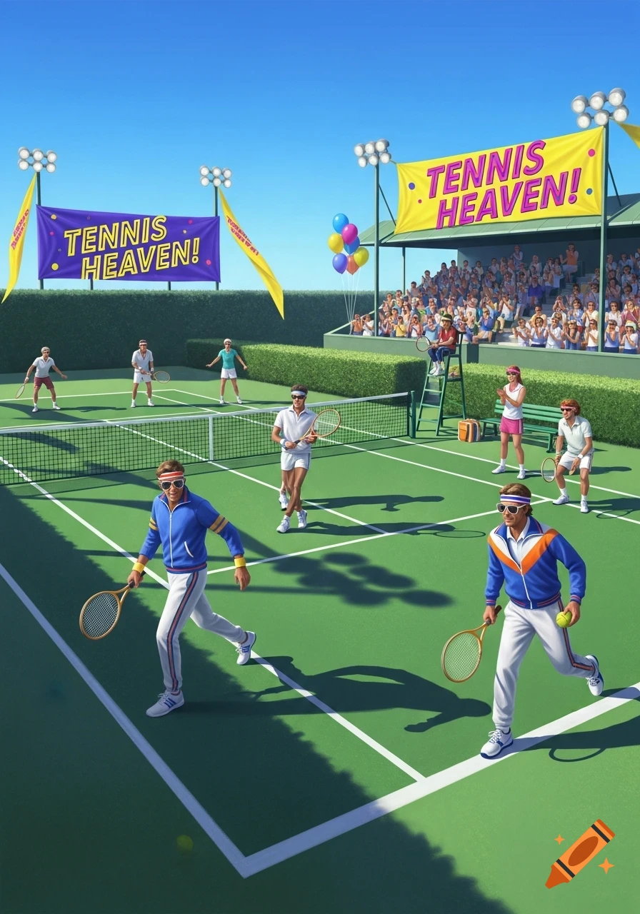 An 80s-style tennis court advertisement showing players on a green court under "Tennis Heaven!" banners with a crowd in the stands.