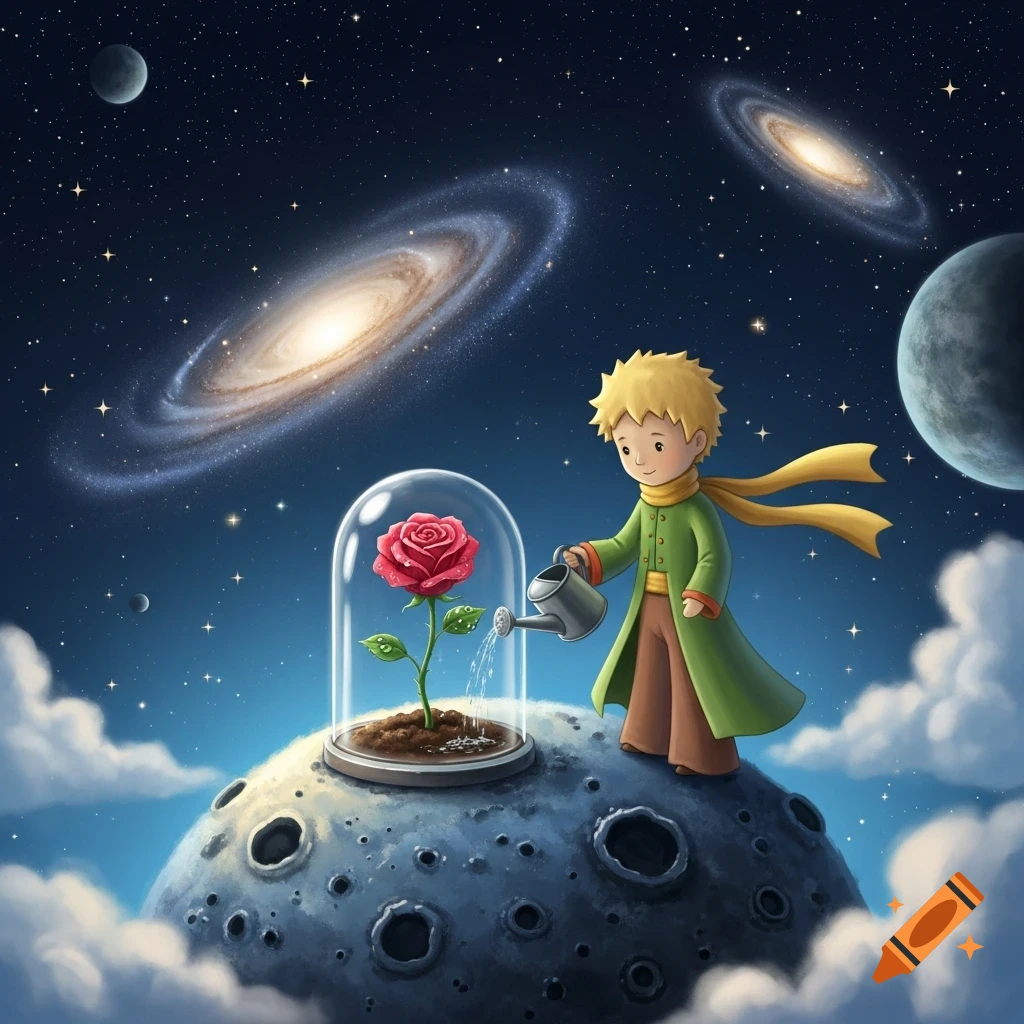 The Little Prince waters his rose, covered by a glass dome, on a moon planet in a starry galaxy.