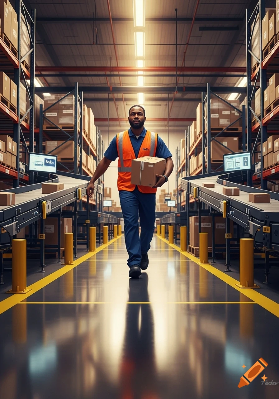A photorealistic image of a Black man in an orange safety vest carrying a package, walking in a brightly lit warehouse aisle with conveyors and shelves.