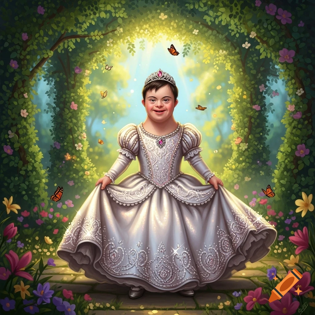 A person with Down syndrome smiling in a white princess dress and tiara, standing in a vibrant, enchanted forest archway with flowers and butterflies.
