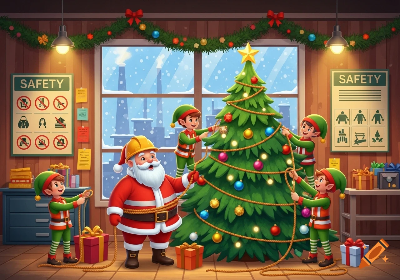 Santa in a hard hat and elves decorate a Christmas tree in a workshop with safety signs. Snow falls outside a factory window. Cartoon style.
