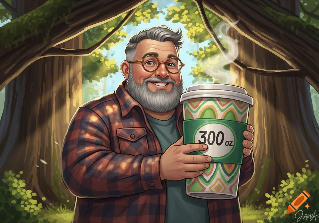 A smiling, gray-bearded man in glasses and a plaid shirt holds a large '300 oz' coffee cup in a forest illustration.