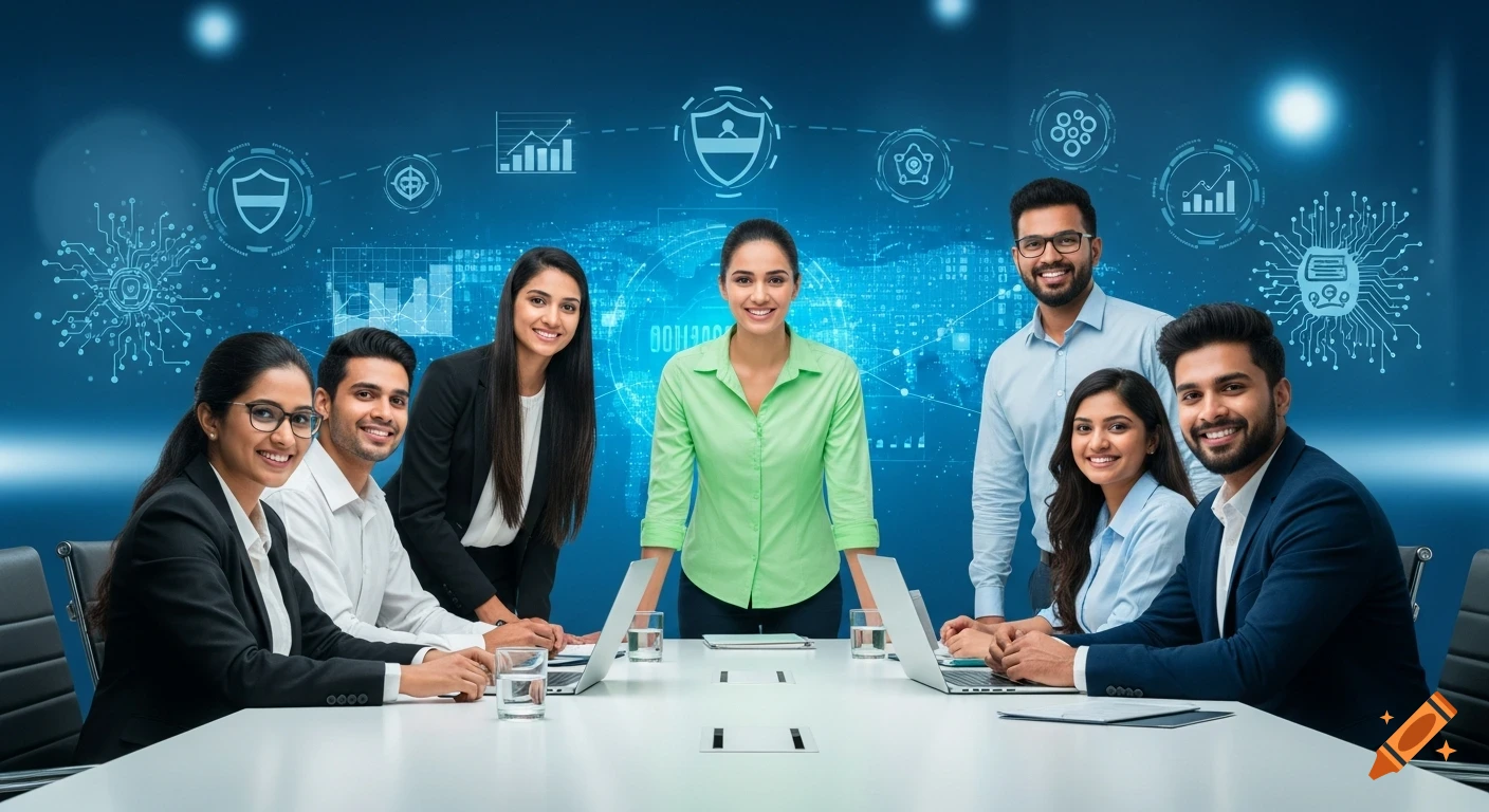 A diverse team of seven smiling professionals in business attire at a conference table with laptops, against a blue digital background with network and data symbols.