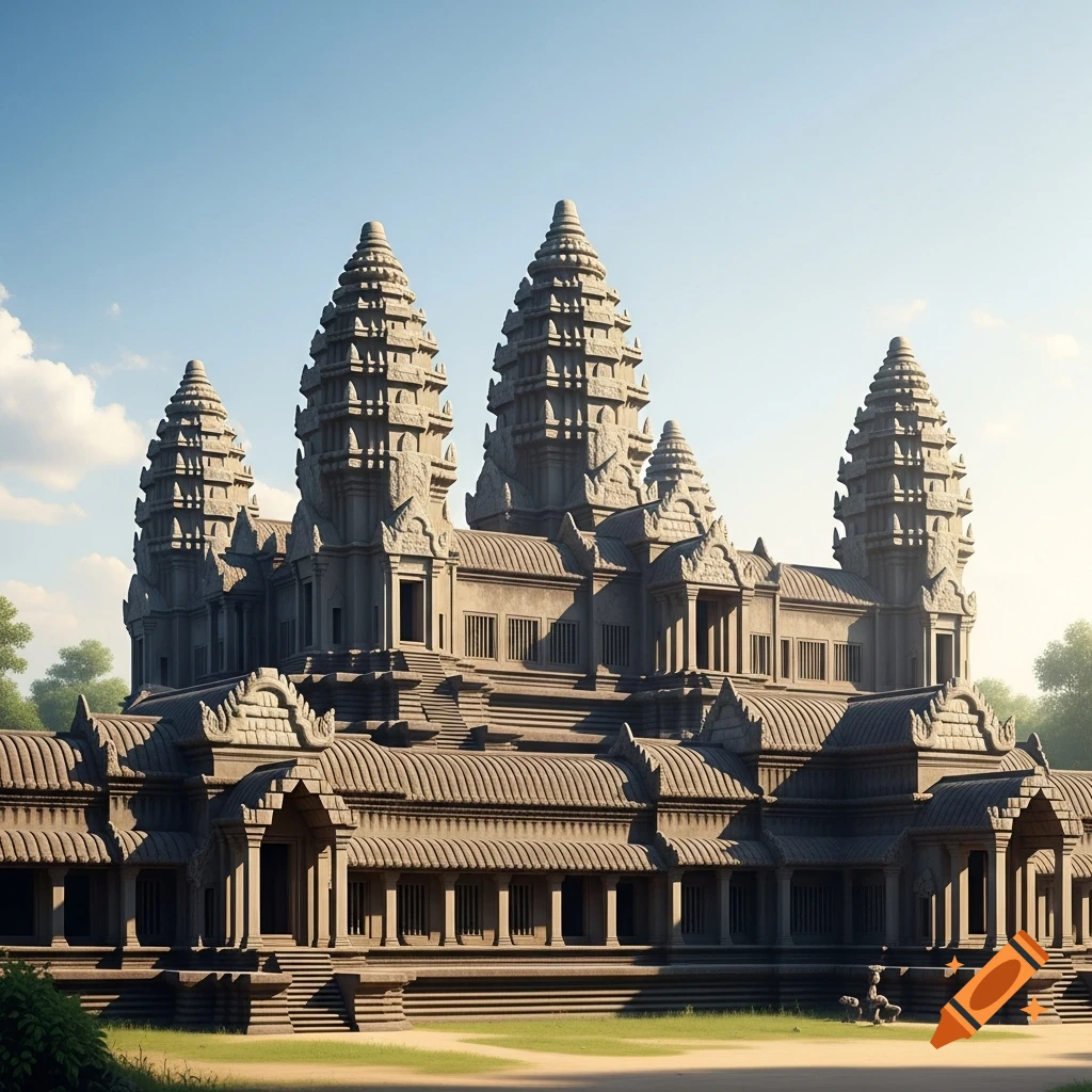 Grand stone temple complex with multiple tiered spires, resembling Angkor Wat, under a clear blue sky.