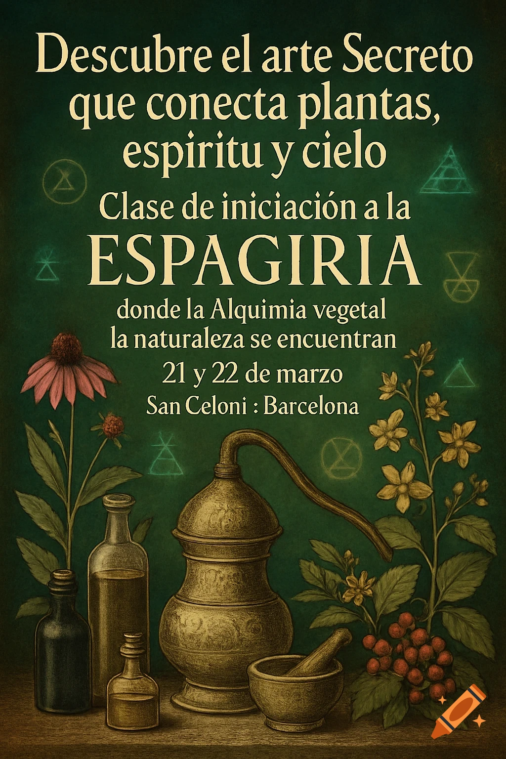 An antique-style poster advertising a Spagyria class, featuring an alembic, bottles of liquid, a mortar and pestle, medicinal plants, and alchemical symbols on a dark green background.