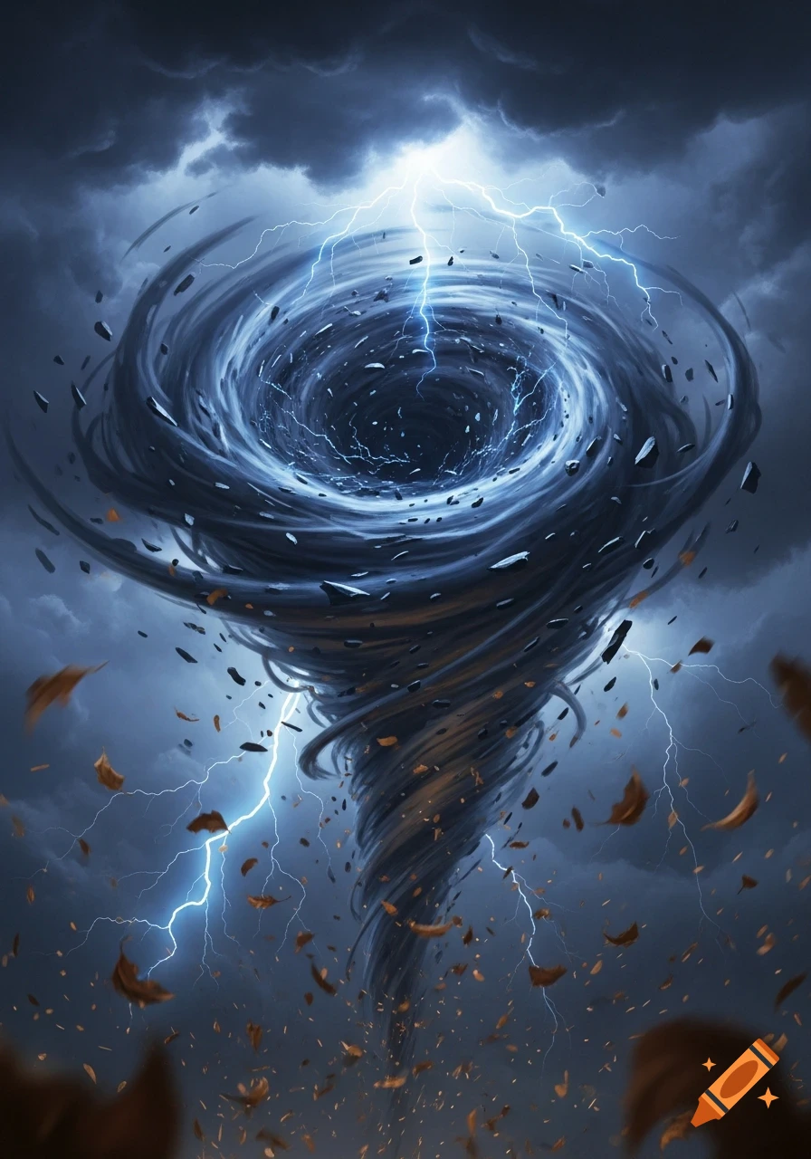 A powerful, dark tornado swirls under a stormy sky with lightning and debris.