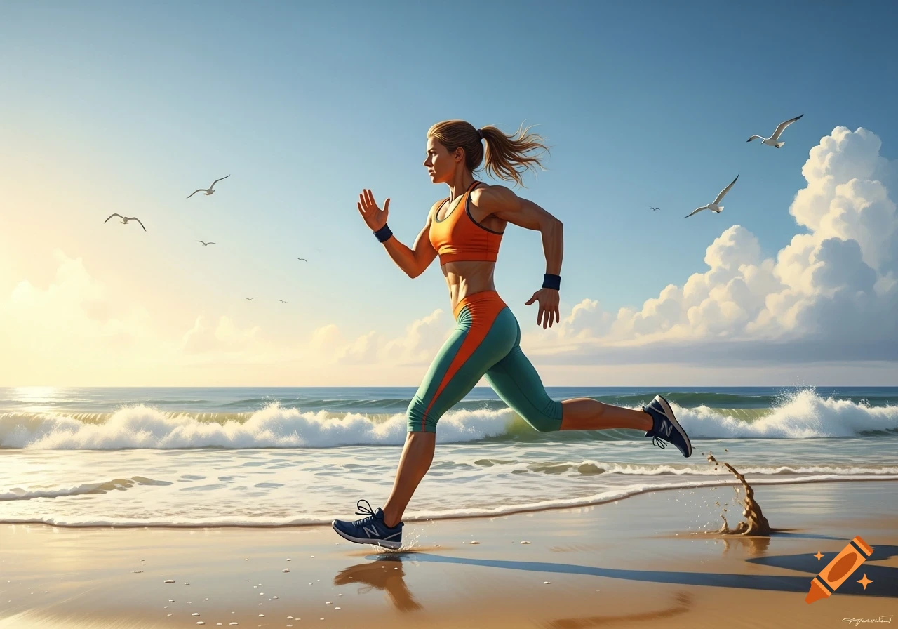 Photorealistic image of a fit woman running on a sandy beach by the ocean under a sunny sky.