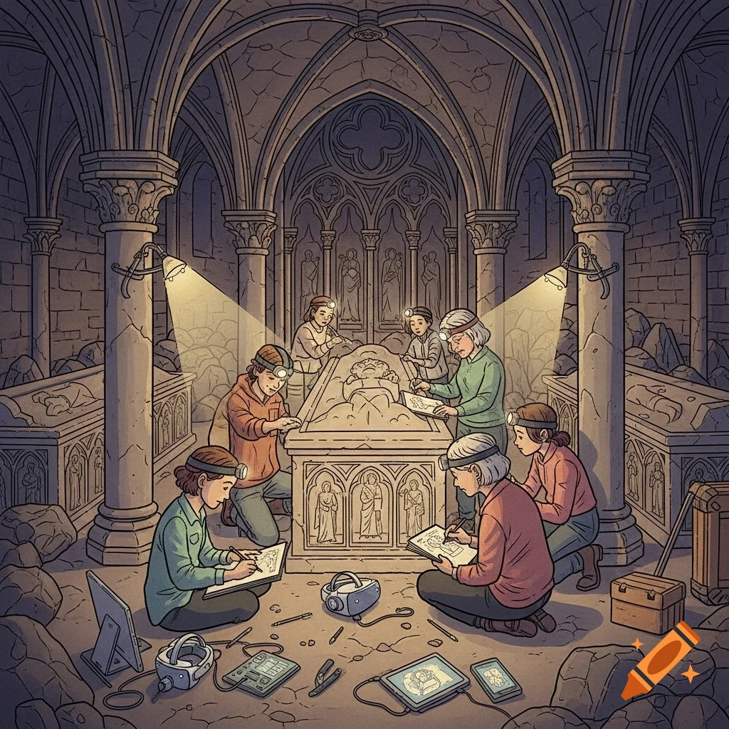 Comic art of archaeologists with headlamps drawing in a Gothic crypt with sarcophagi, using traditional tools.