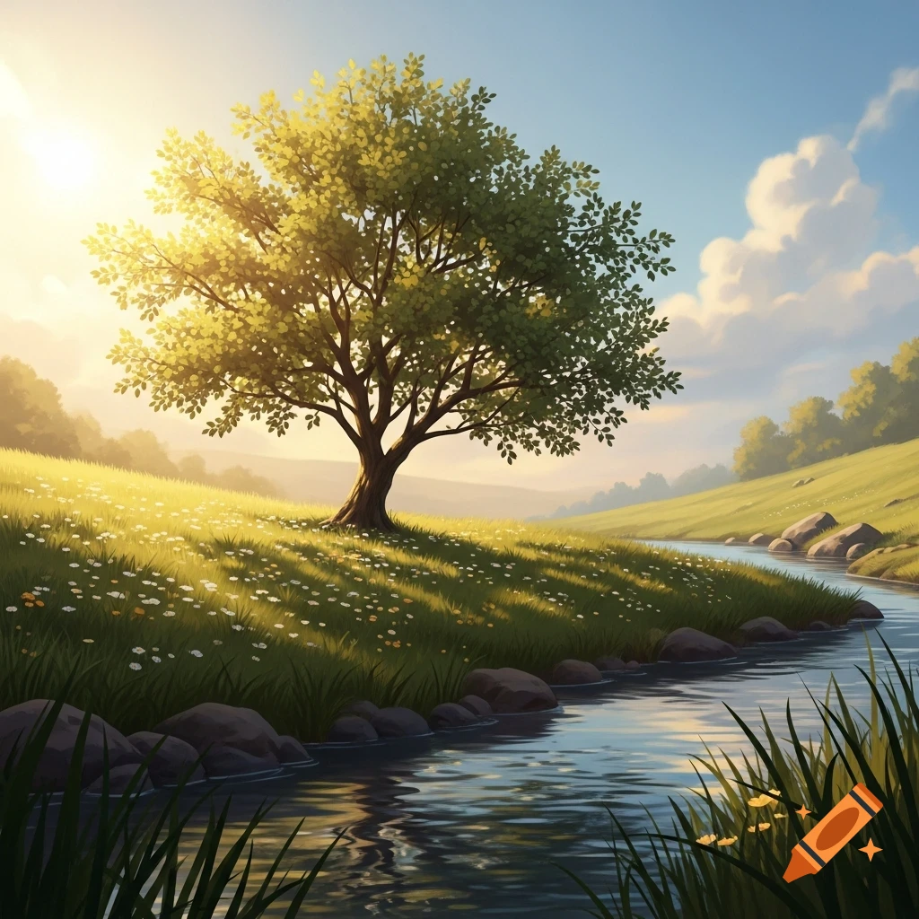 A vibrant, sunlit landscape featuring a large green tree on a grassy hill next to a flowing river, under a bright blue sky.