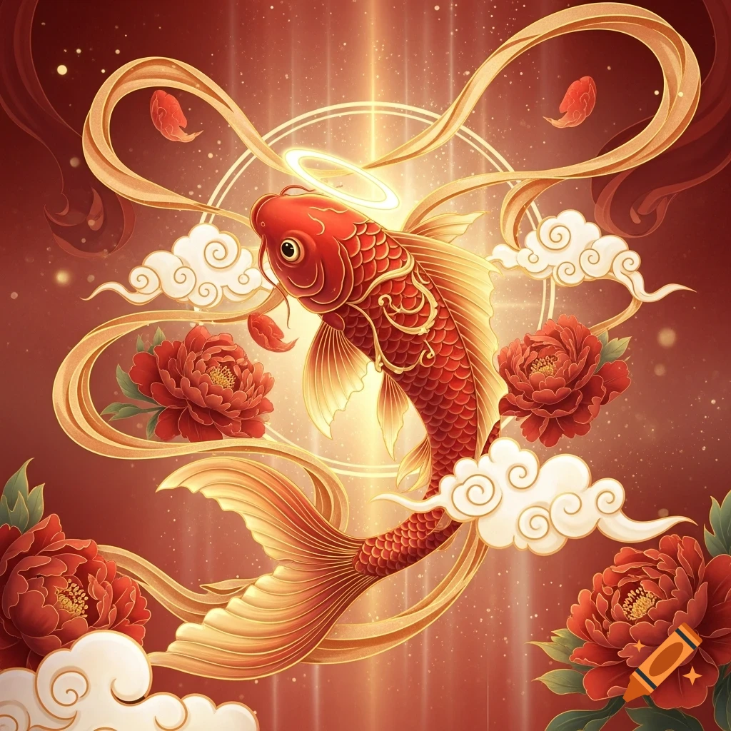 A red and gold mythical fish with a halo, surrounded by golden ribbons, clouds, and red peony flowers in a vibrant Art Nouveau Chinese fusion style.