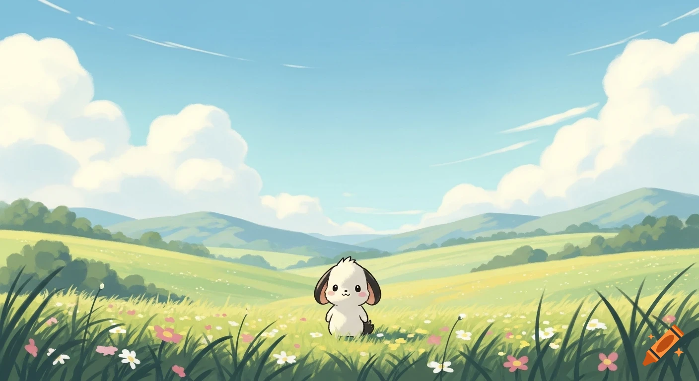 A cute, white anime creature with floppy ears stands in a vibrant green flower field under a blue sky.