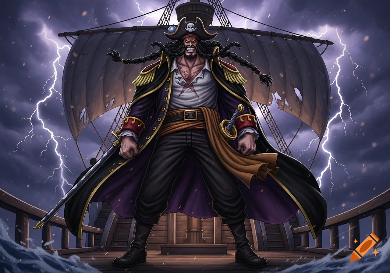 A fierce pirate captain with a large hat, braided hair, and a scarred chest stands on a stormy ship deck under lightning.