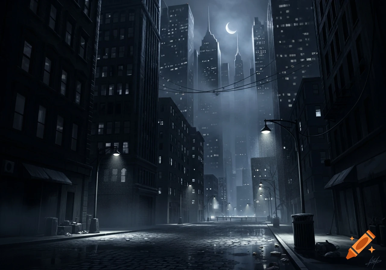 A dark and moody cityscape at night, with tall buildings, mist, wet streets, glowing streetlights, and a crescent moon.