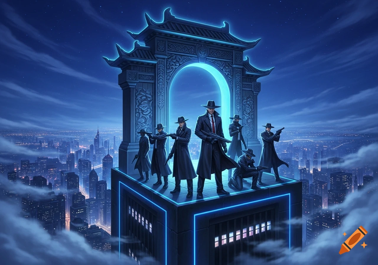 Men in trench coats and fedoras with guns stand on a glowing ornate archway atop a skyscraper overlooking a futuristic city at night.