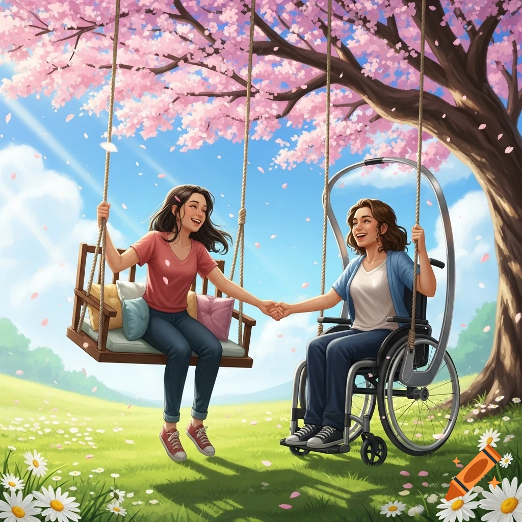Two smiling women, one in a wheelchair-accessible swing and one in a regular swing, holding hands under a pink cherry blossom tree.