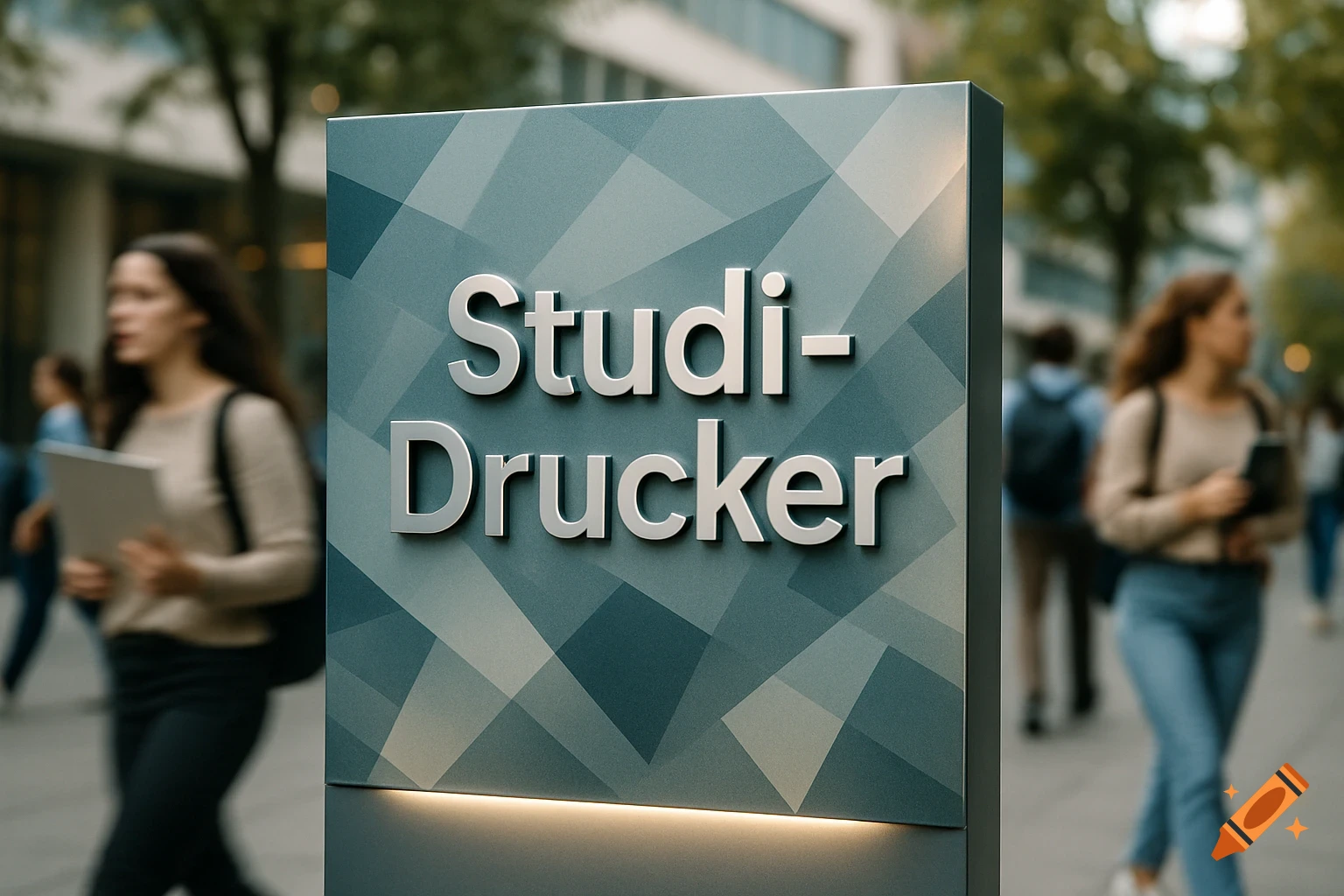 A sign displaying 'Studi-Drucker' on a street with blurred pedestrians, in a photorealistic style.