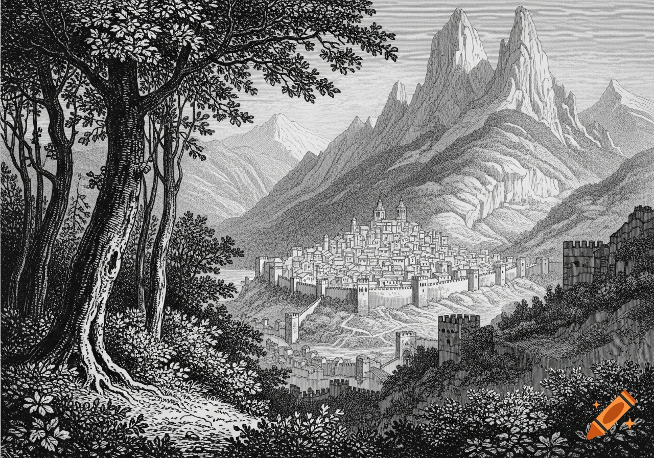 Black and white engraving of a medieval walled city nestled in a valley between towering mountains, viewed through trees.