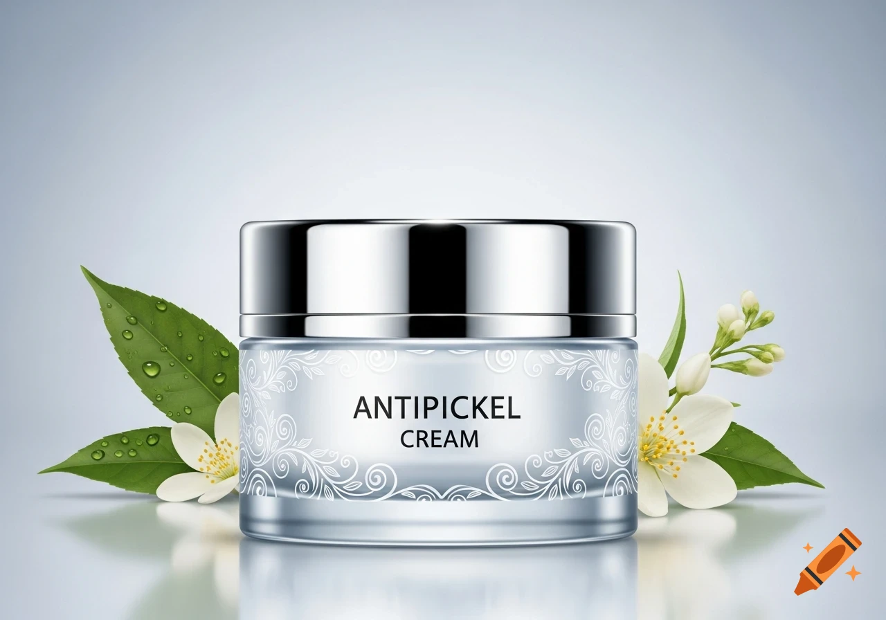 Photorealistic image of an 'ANTIPICKEL CREAM' jar with a silver lid, delicate floral pattern, green leaves with water droplets, and white flowers.