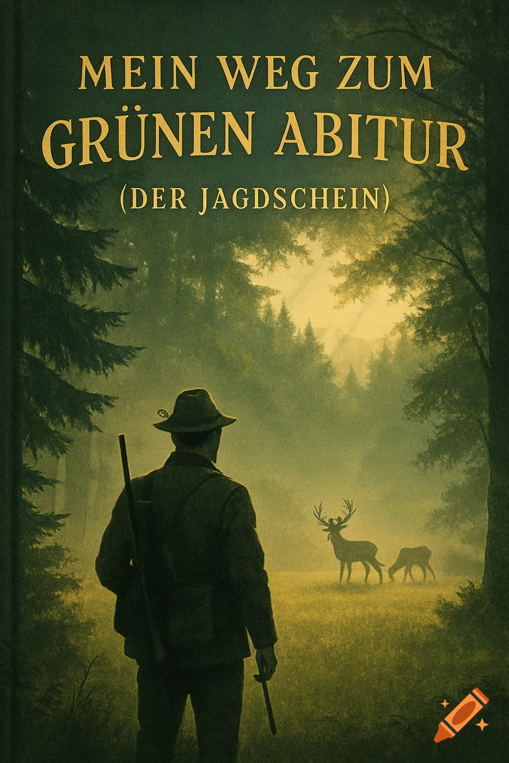 Book cover shows a hunter in a misty forest, rifle on shoulder, observing two deer. Title: Mein Weg zum Grünen Abitur (Der Jagdschein).
