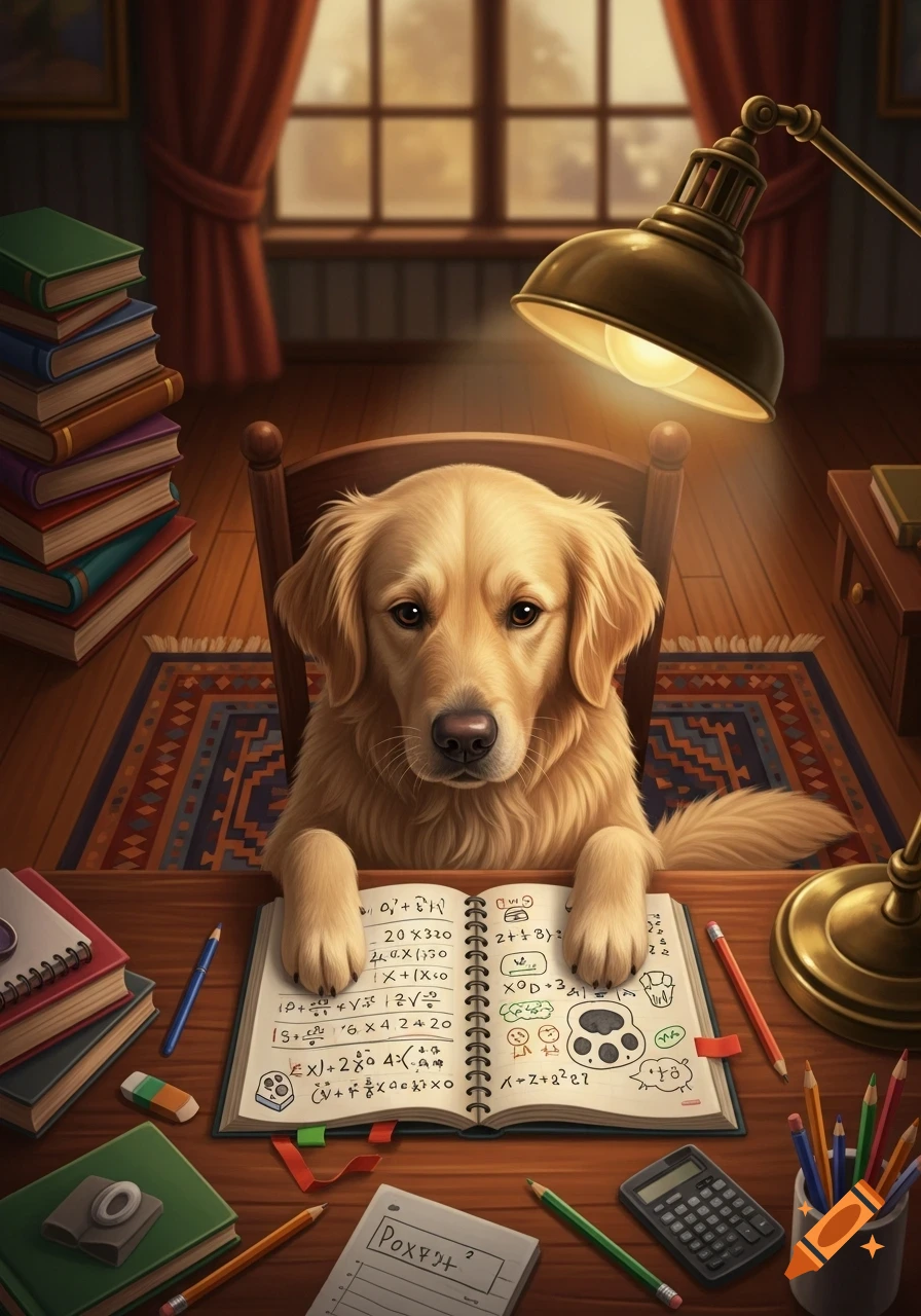 A golden retriever dog sits at a desk, paws on an open notebook with math problems, surrounded by books.