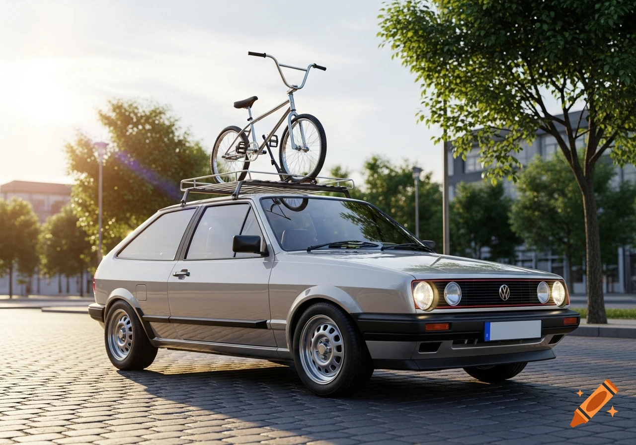 A silver-grey classic car, possibly a Volkswagen, with a chrome BMX bicycle on its roof rack, parked on a cobblestone street.