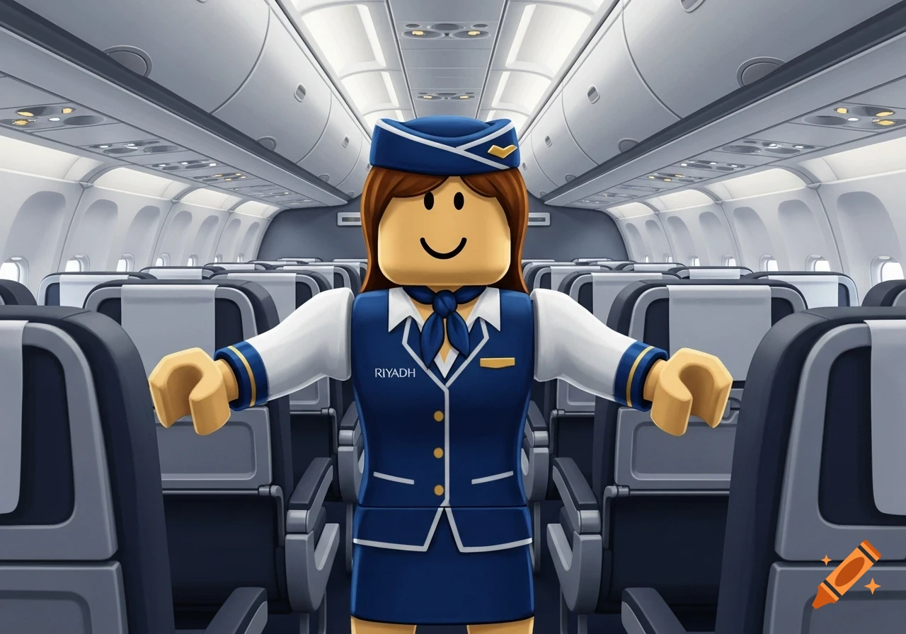 A cartoon Roblox character of a female flight attendant in a blue uniform stands in an airplane aisle.