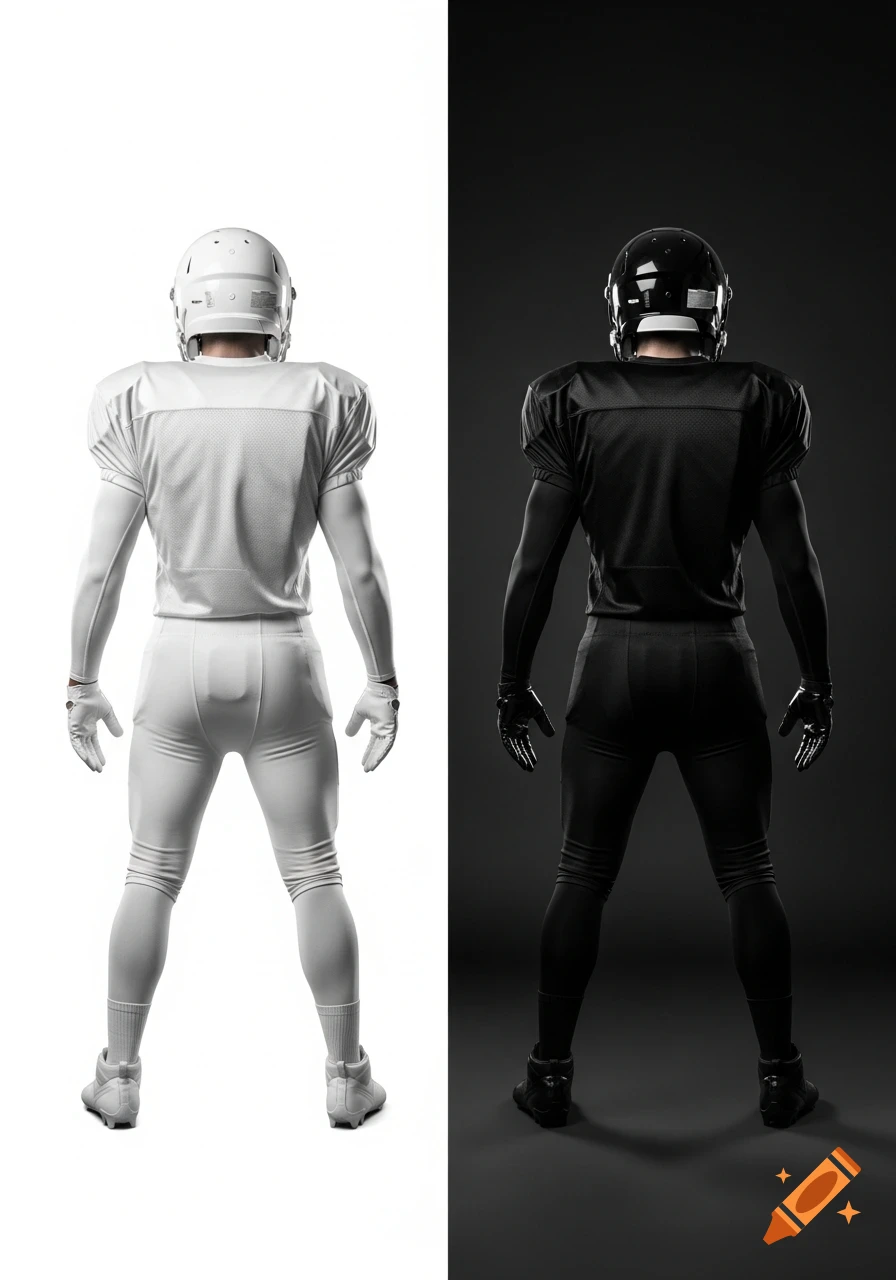 Photorealistic rear view of two American football players, one in white uniform on a white background, one in black uniform on a black background.