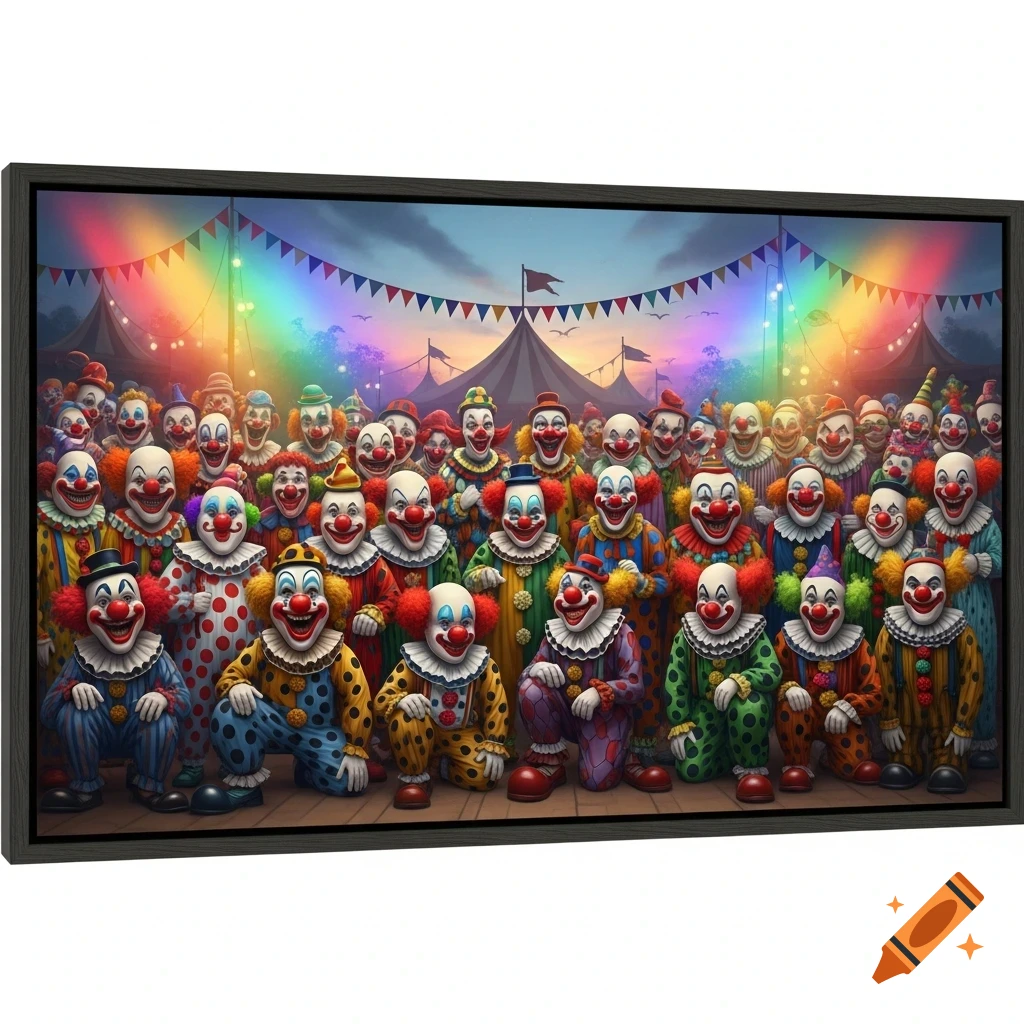 A large crowd of colorful clowns with painted faces and varied costumes pose in front of circus tents under a rainbow-lit sky.