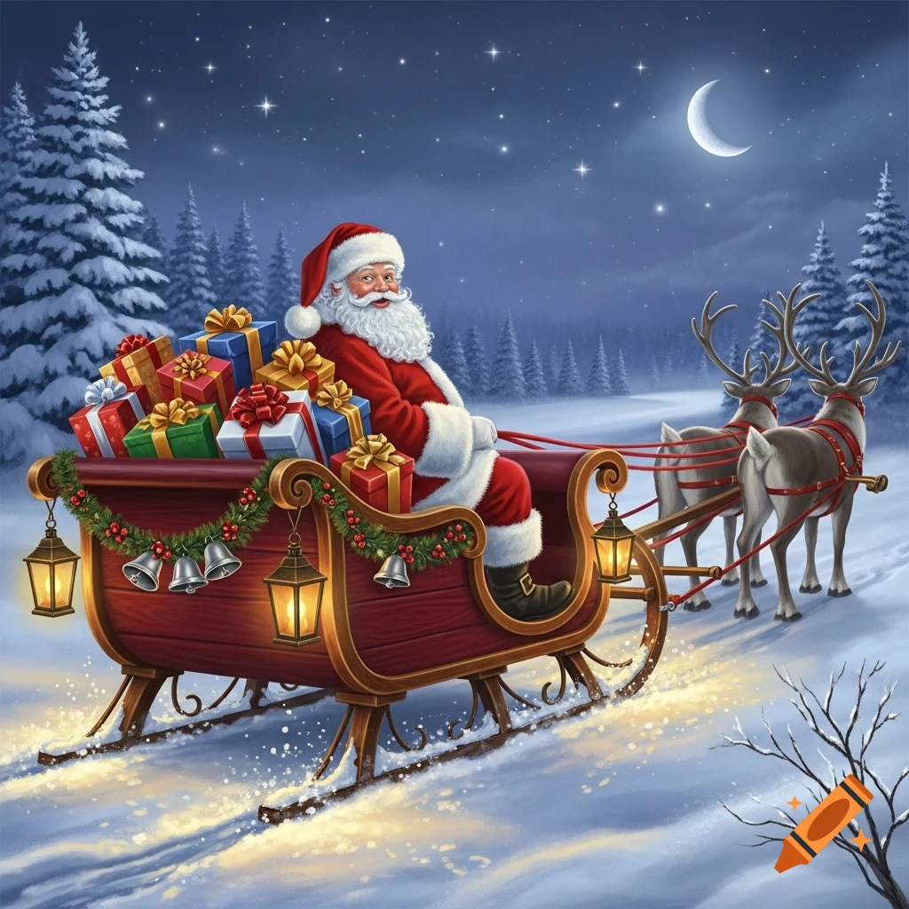 Santa Claus in his red suit rides a sleigh filled with gifts, pulled by ...