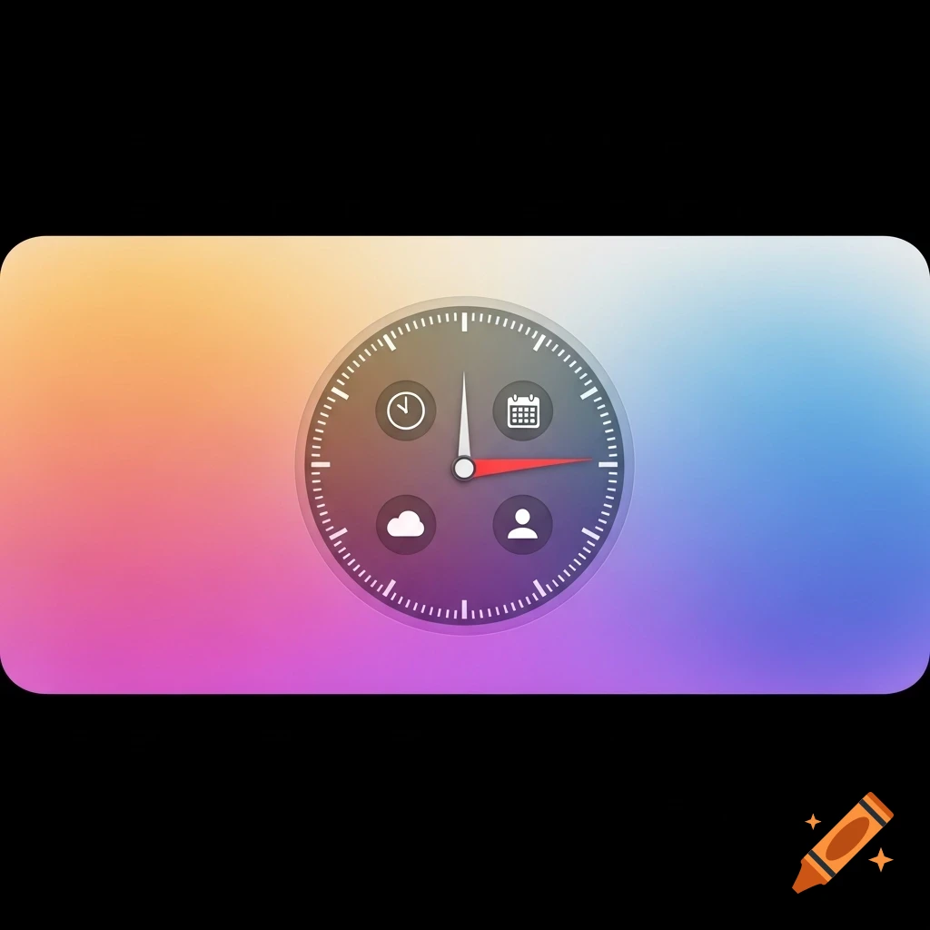 A wide, rounded tvOS app icon with a soft gradient background. It features a circular clock-like interface with a red pointer and four white symbols: clock, cloud, calendar, and person.