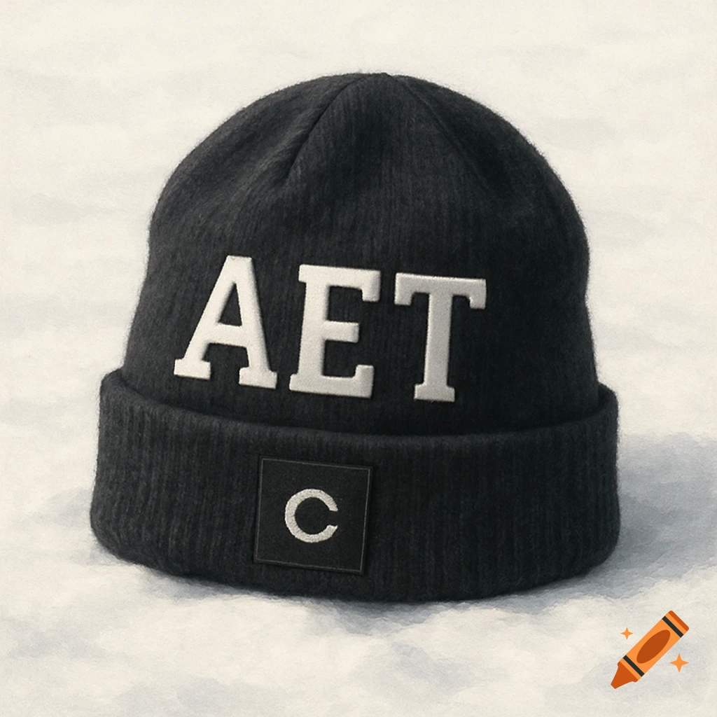 A black knit winter beanie with prominent white 'AET' letters on the front and a smaller 'C' logo below.
