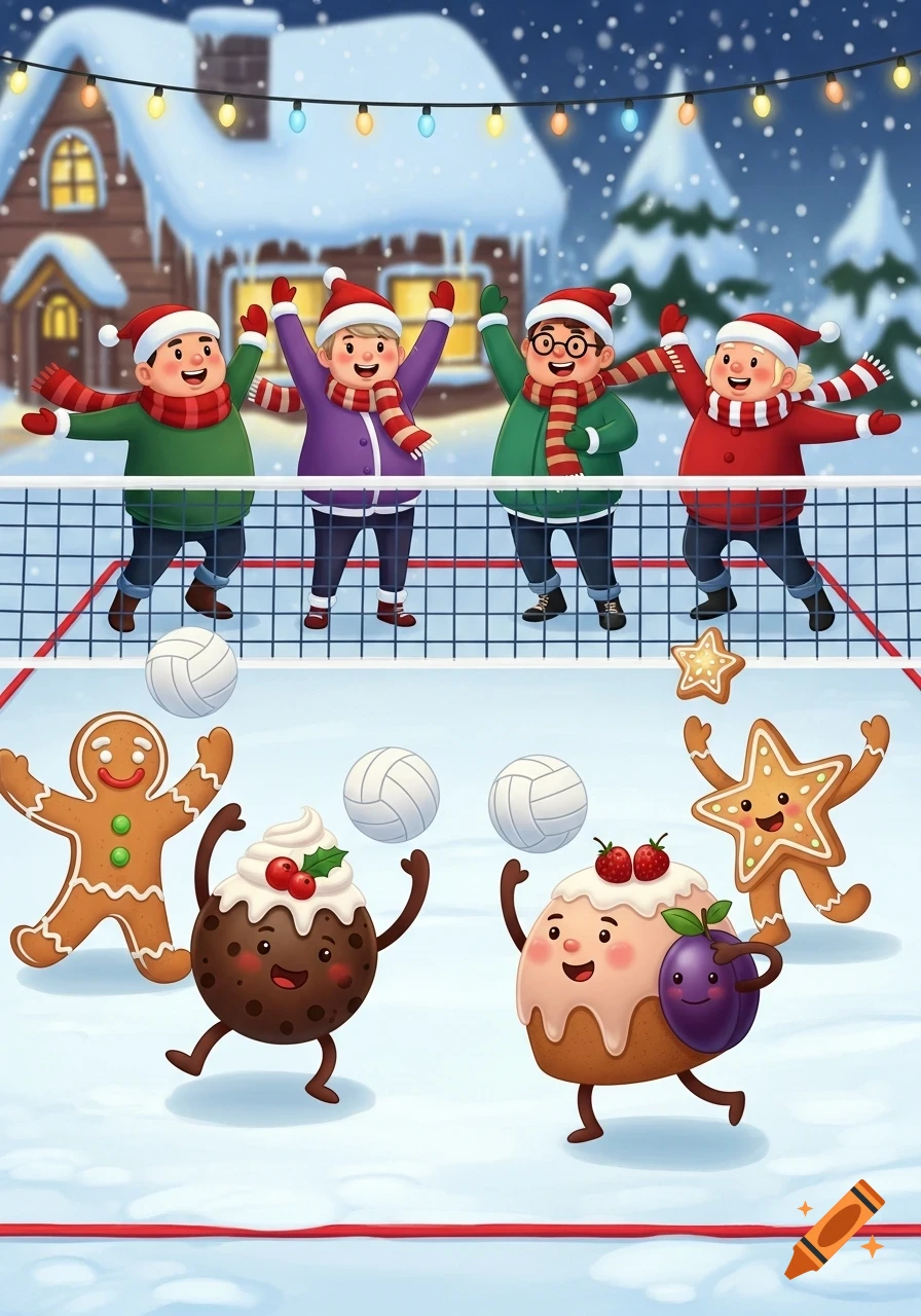 Cheerful, chubby people in winter gear play volleyball against festive Christmas food characters on a snowy court under string lights.